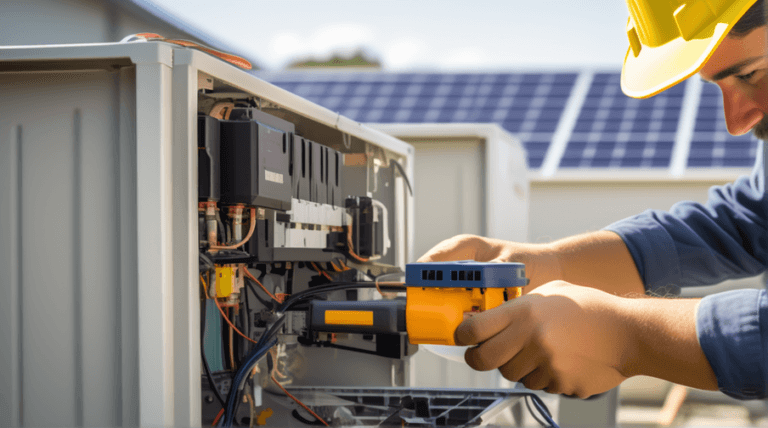 Technician servicing the inverter of a solar PV system